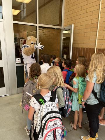 BYU Cosmo visits Hobble Creek Elementary for Green Ribbon Week. 