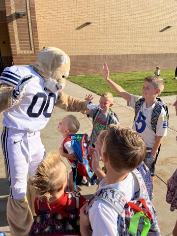 BYU Cosmo visits Hobble Creek Elementary for Green Ribbon Week. 